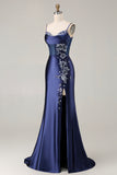 Navy Satin Mermaid Appliqued Long Corset Prom Dress with Slit