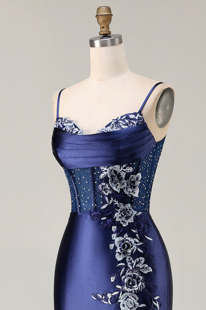 Zapakasa Women Navy Floral Long Corset Prom Dress with Slit Satin ...