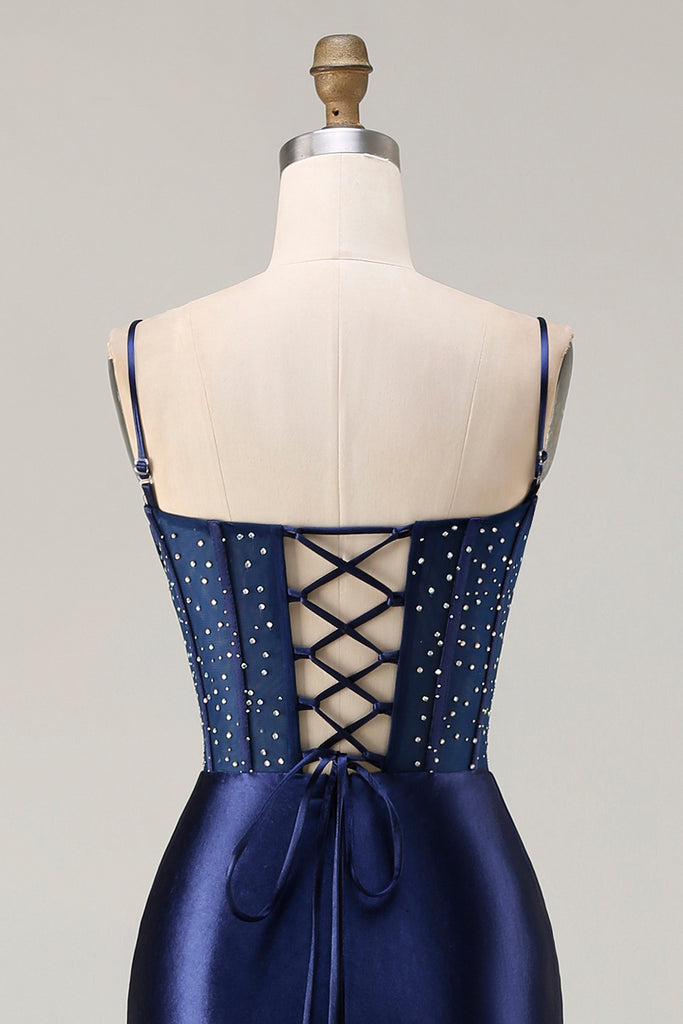 Zapakasa Women Navy Floral Long Corset Prom Dress with Slit Satin
