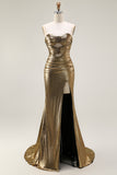 Sparkly Dark Golden Strapless Mermaid Long Prom Dress with Keyhole