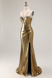 Sparkly Golden Metallic Corset Mermaid Long Prom Dress with Slit