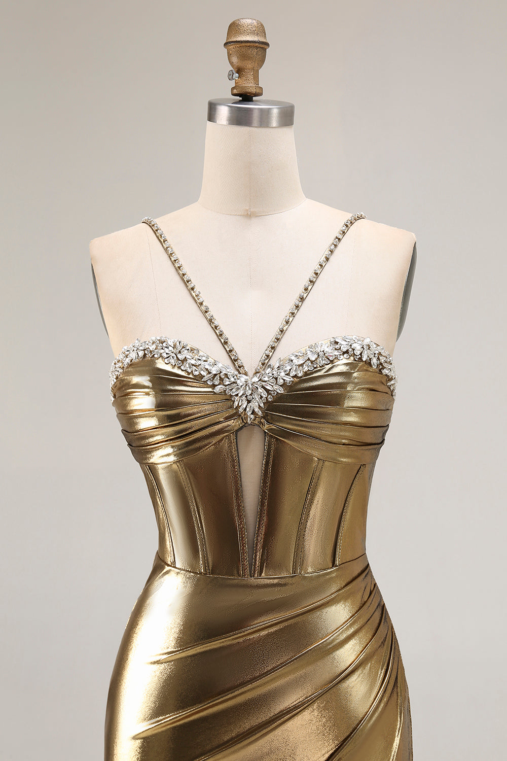 Sparkly Golden Metallic Corset Mermaid Long Prom Dress with Slit