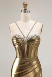 Sparkly Golden Metallic Corset Mermaid Long Prom Dress with Slit