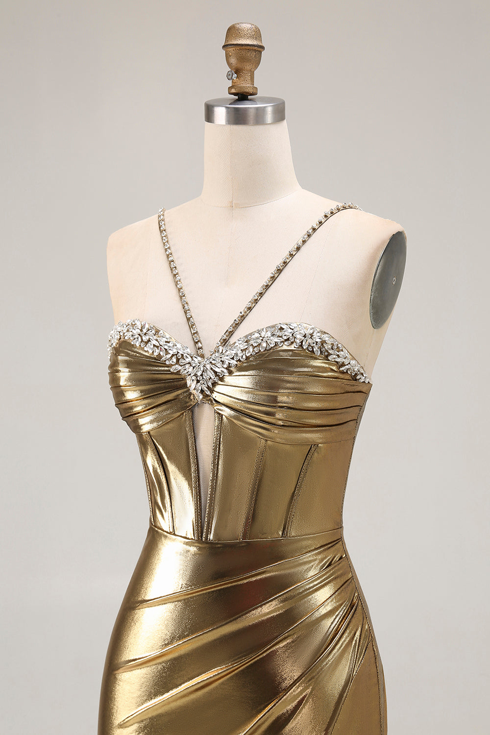 Sparkly Golden Metallic Corset Mermaid Long Prom Dress with Slit