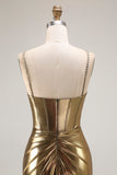 Sparkly Golden Metallic Corset Mermaid Long Prom Dress with Slit