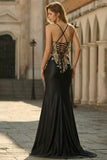 Sparkly Black Beaded Floral Satin Appliqued Long Corset Prom Dress with Slit