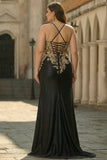 Sparkly Black Beaded Floral Satin Appliqued Long Corset Prom Dress with Slit