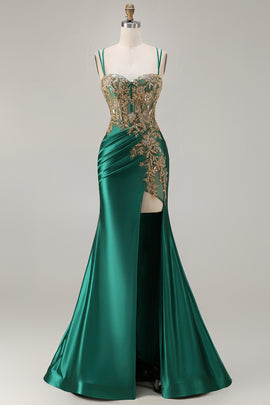 Sparkly Floral Dark Green Satin Mermaid Long Corset Prom Dress with Slit