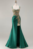 Sparkly Floral Dark Green Satin Mermaid Long Corset Prom Dress with Slit