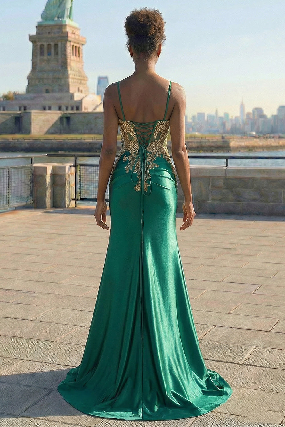 Sparkly Black Beaded Floral Satin Appliqued Long Corset Prom Dress with Slit