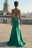 Sparkly Black Beaded Floral Satin Appliqued Long Corset Prom Dress with Slit