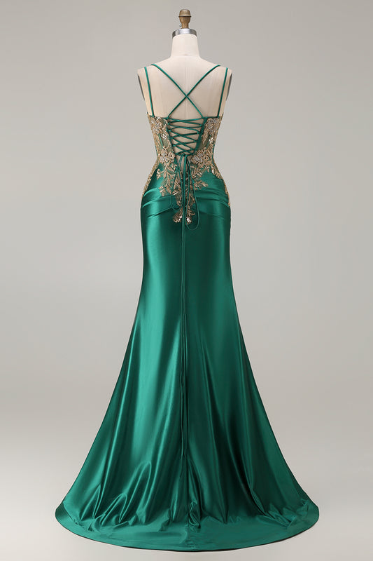 Sparkly Floral Dark Green Satin Mermaid Long Corset Prom Dress with Slit
