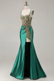 Sparkly Floral Dark Green Satin Mermaid Long Corset Prom Dress with Slit