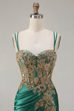 Sparkly Floral Dark Green Satin Mermaid Long Corset Prom Dress with Slit