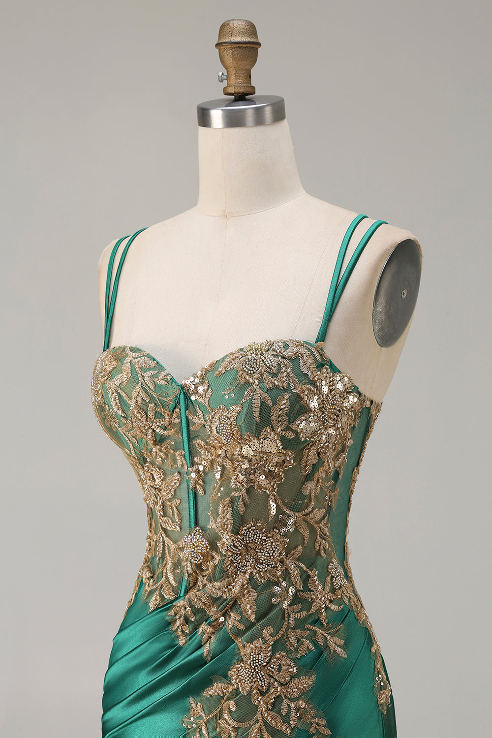 Sparkly Floral Dark Green Satin Mermaid Long Corset Prom Dress with Slit