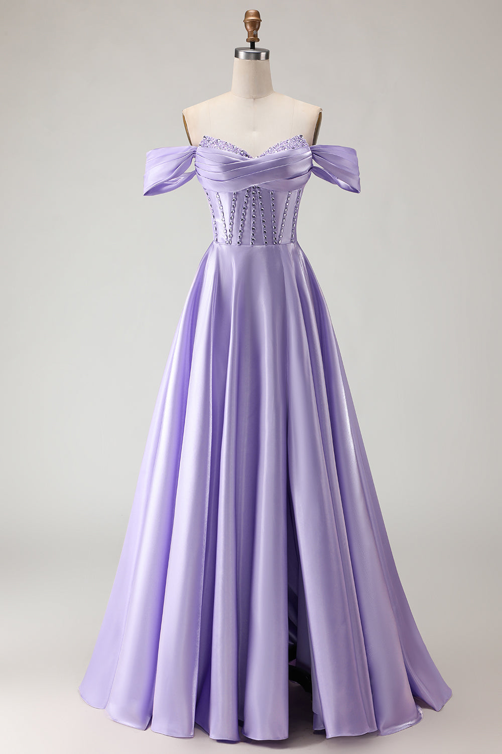Sparkly Purple Satin A Line Beaded Long Corset Prom Dress with Slit