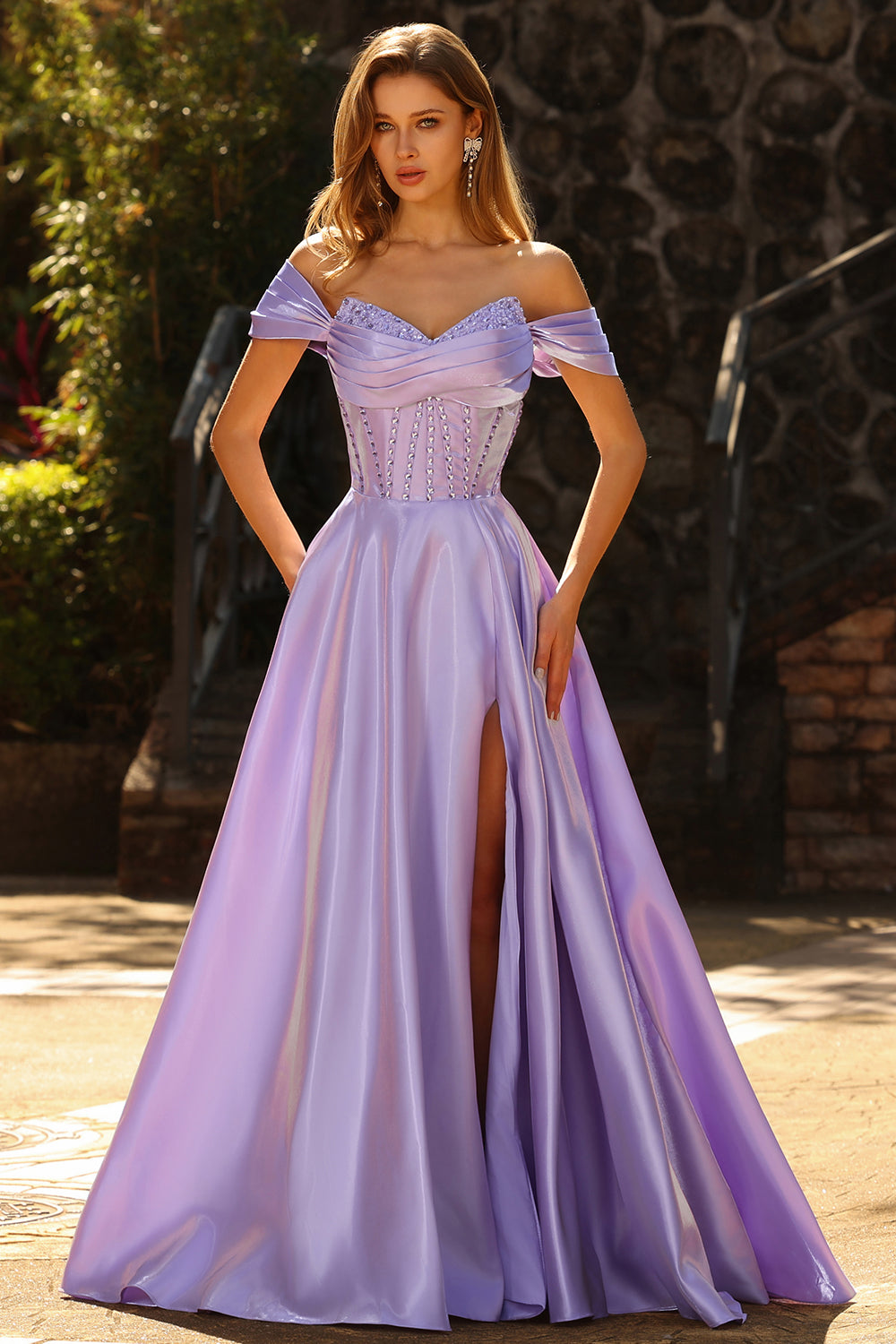 Sparkly Purple Satin Beaded A Line Long Corset Prom Dress with Slit