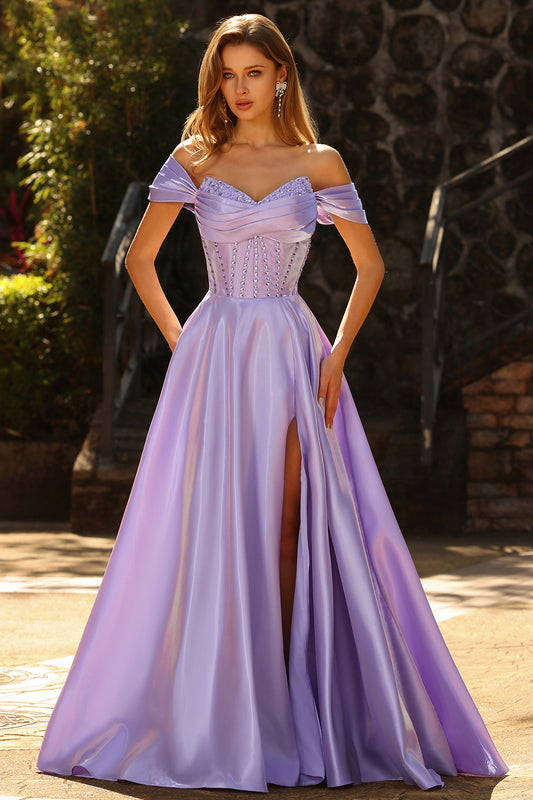 Sparkly Purple Satin Beaded A Line Long Corset Prom Dress with Slit