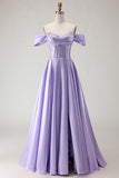 Sparkly Purple Satin A Line Beaded Long Corset Prom Dress with Slit