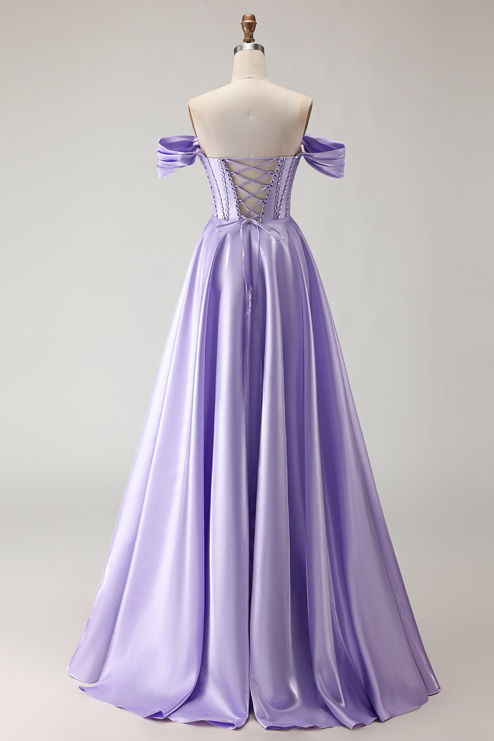 Sparkly Purple Satin A Line Beaded Long Corset Prom Dress with Slit