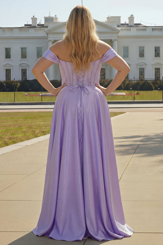 Sparkly Plus Size Purple Satin A Line Long Corset Prom Dress with Slit