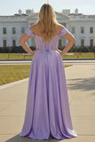 Sparkly Plus Size Purple Satin A Line Long Corset Prom Dress with Slit