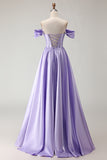 Sparkly Purple Satin A Line Beaded Long Corset Prom Dress with Slit