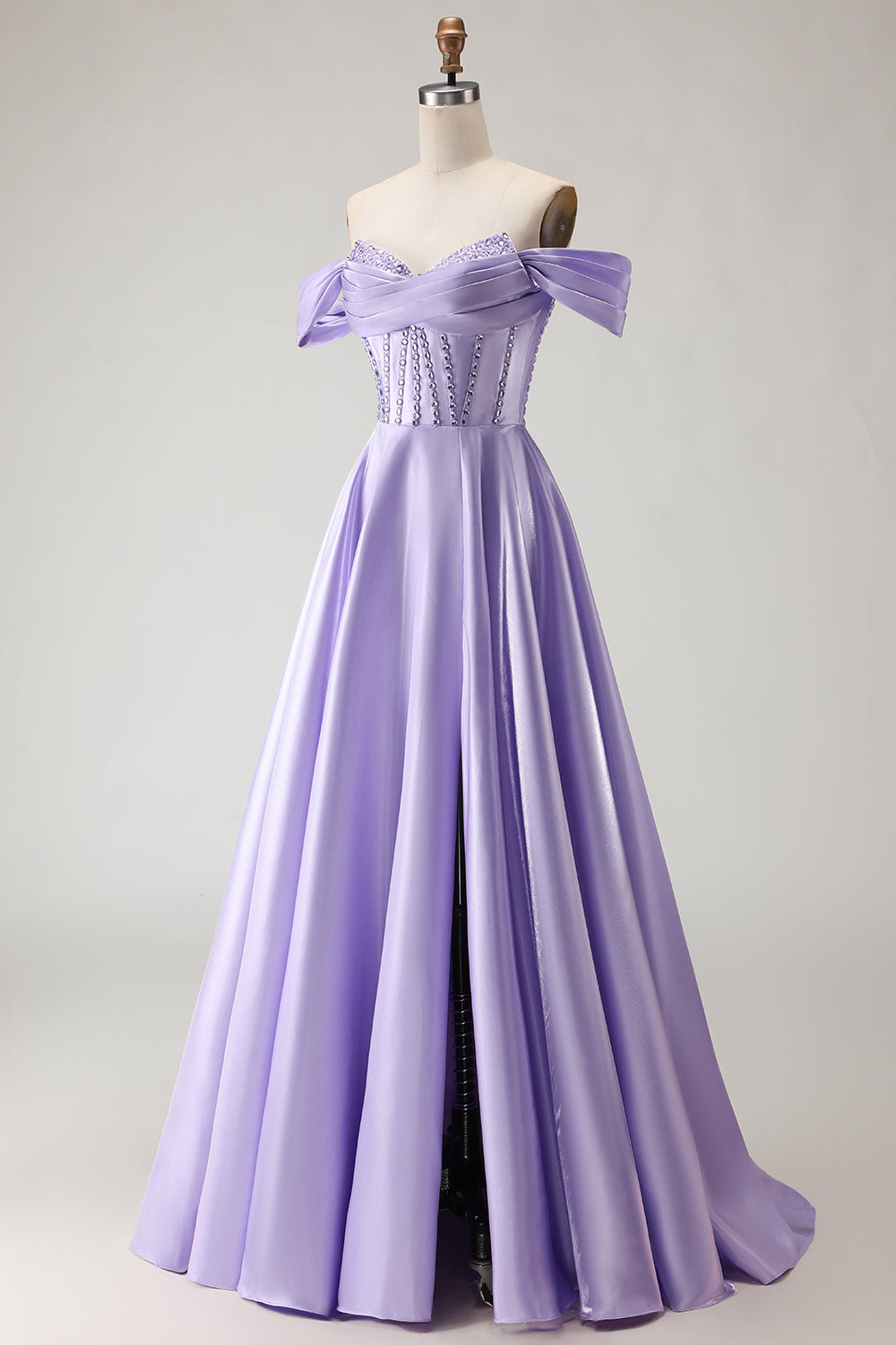 Sparkly Purple Satin A Line Beaded Long Corset Prom Dress with Slit