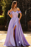 Sparkly Purple Satin Beaded A Line Long Corset Prom Dress with Slit