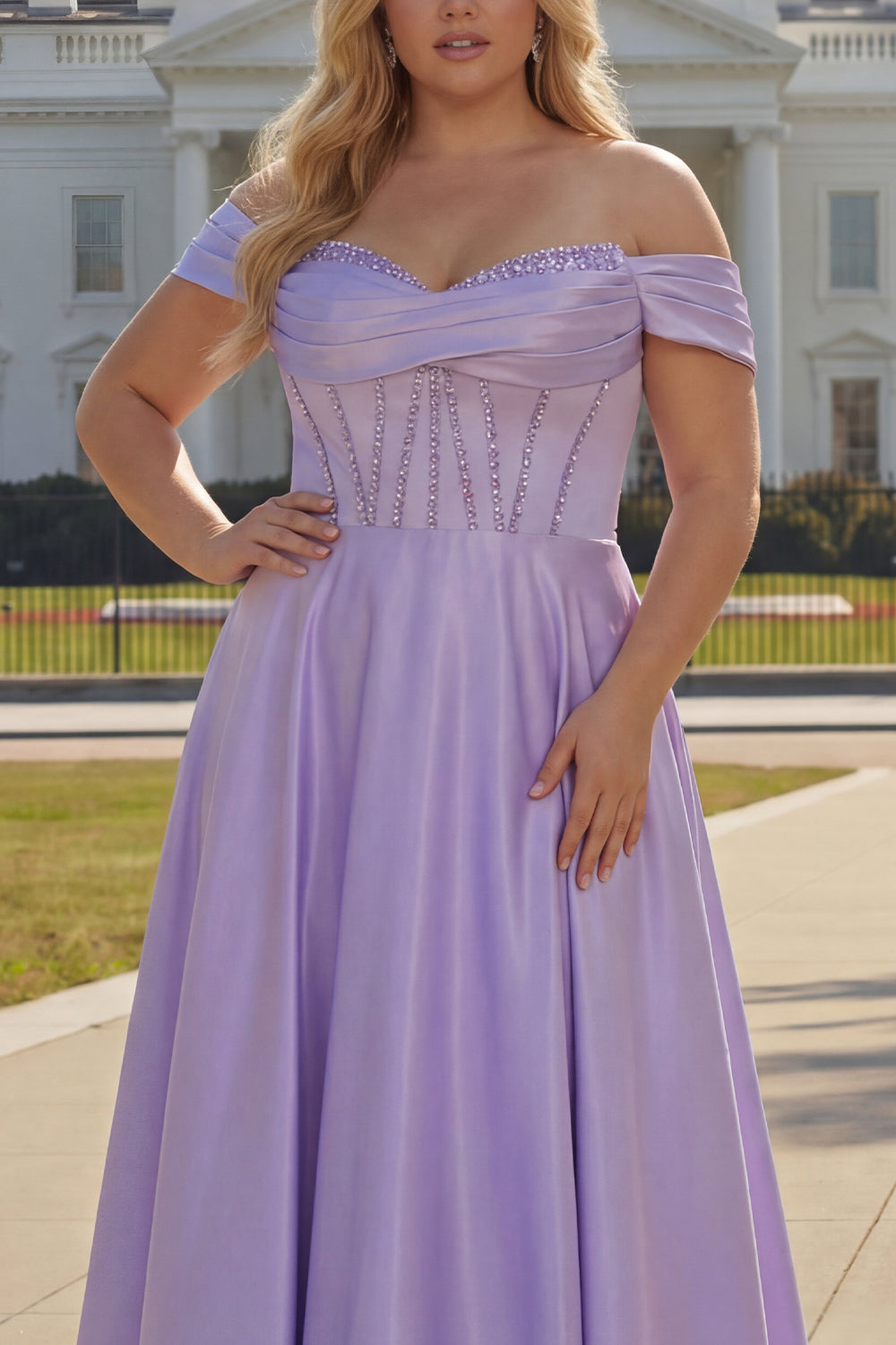 Sparkly Plus Size Purple Satin A Line Long Corset Prom Dress with Slit