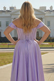 Sparkly Plus Size Purple Satin A Line Long Corset Prom Dress with Slit