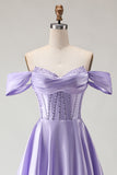 Sparkly Purple Satin A Line Beaded Long Corset Prom Dress with Slit
