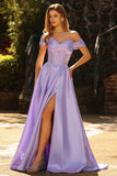 Sparkly Purple Satin Beaded A Line Long Corset Prom Dress with Slit