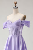Sparkly Purple Satin A Line Beaded Long Corset Prom Dress with Slit