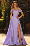 Sparkly Purple Satin Beaded A Line Long Corset Prom Dress with Slit