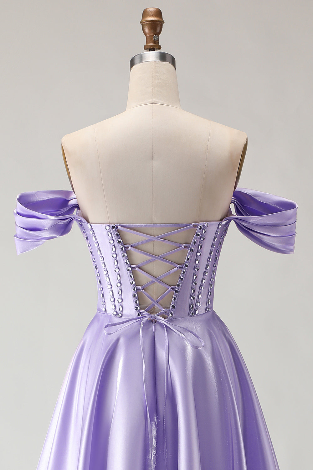 Sparkly Purple Satin A Line Beaded Long Corset Prom Dress with Slit