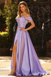 Sparkly Purple Satin Beaded A Line Long Corset Prom Dress with Slit