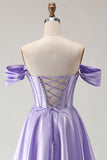 Sparkly Purple Satin A Line Beaded Long Corset Prom Dress with Slit