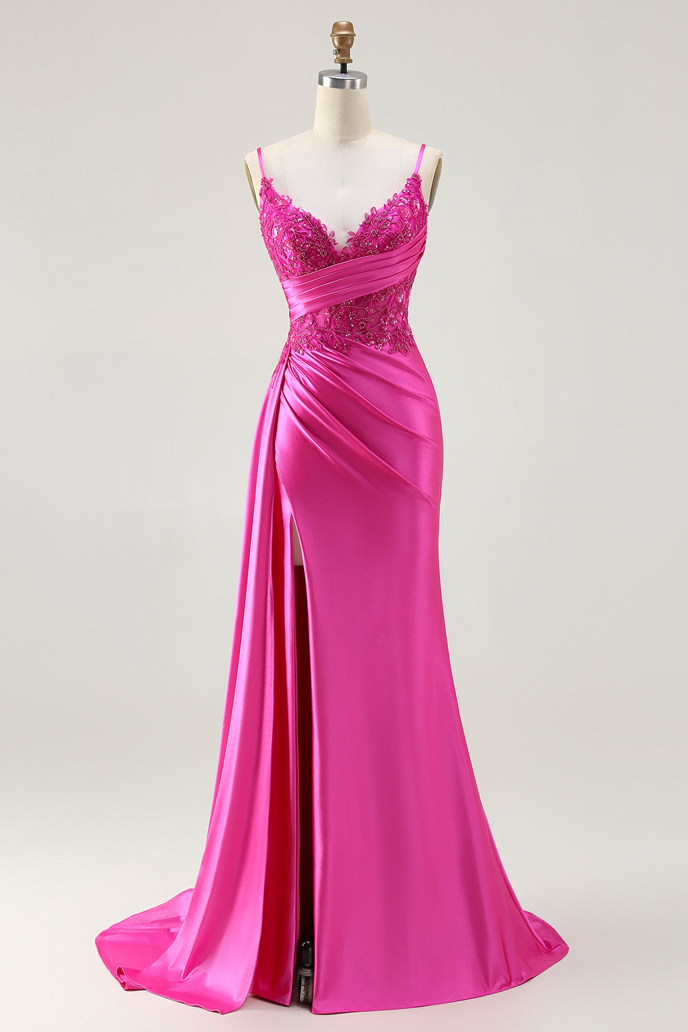 Sparkly Fuchsia Spaghetti Straps Mermaid Long Prom Dress with Slit