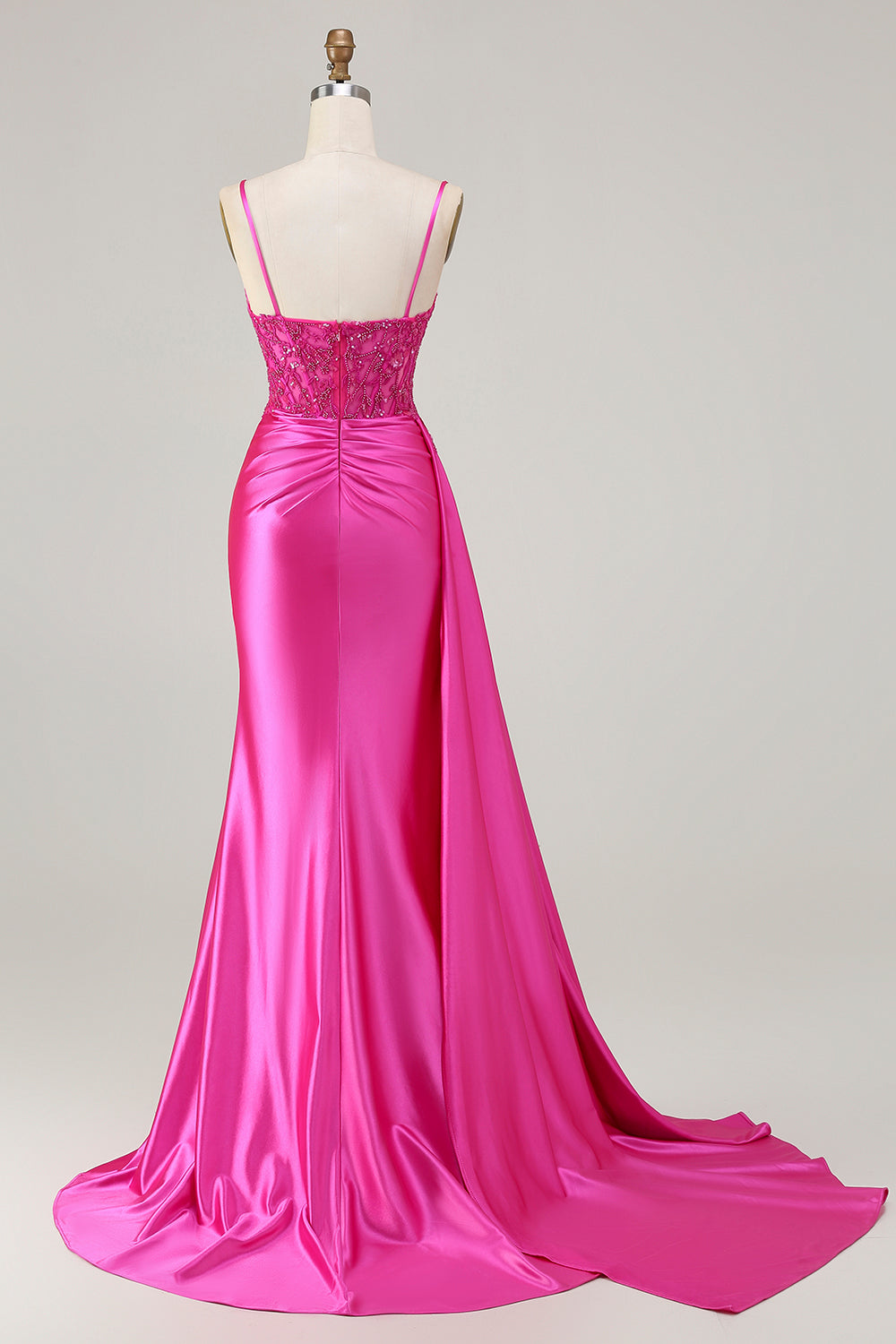 Sparkly Fuchsia Spaghetti Straps Mermaid Long Prom Dress with Slit