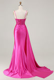 Sparkly Fuchsia Spaghetti Straps Mermaid Long Prom Dress with Slit