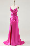 Sparkly Fuchsia Spaghetti Straps Mermaid Long Prom Dress with Slit