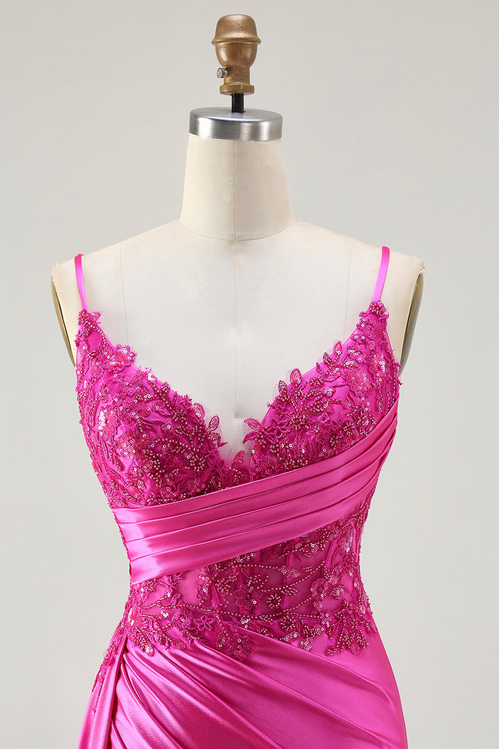 Sparkly Fuchsia Spaghetti Straps Mermaid Long Prom Dress with Slit