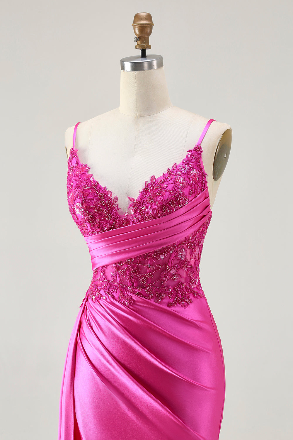 Sparkly Fuchsia Spaghetti Straps Mermaid Long Prom Dress with Slit