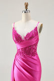Sparkly Fuchsia Spaghetti Straps Mermaid Long Prom Dress with Slit