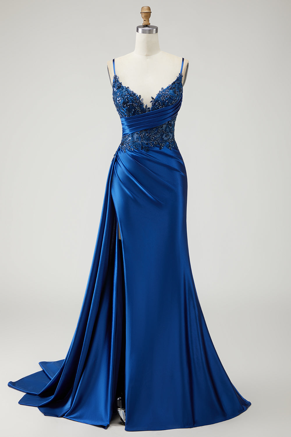 Sparkly Navy Beaded Mermaid Long Prom Dress with Slit