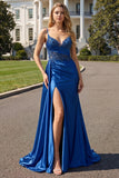 Sparkly Navy Beaded Mermaid Long Prom Dress with Slit