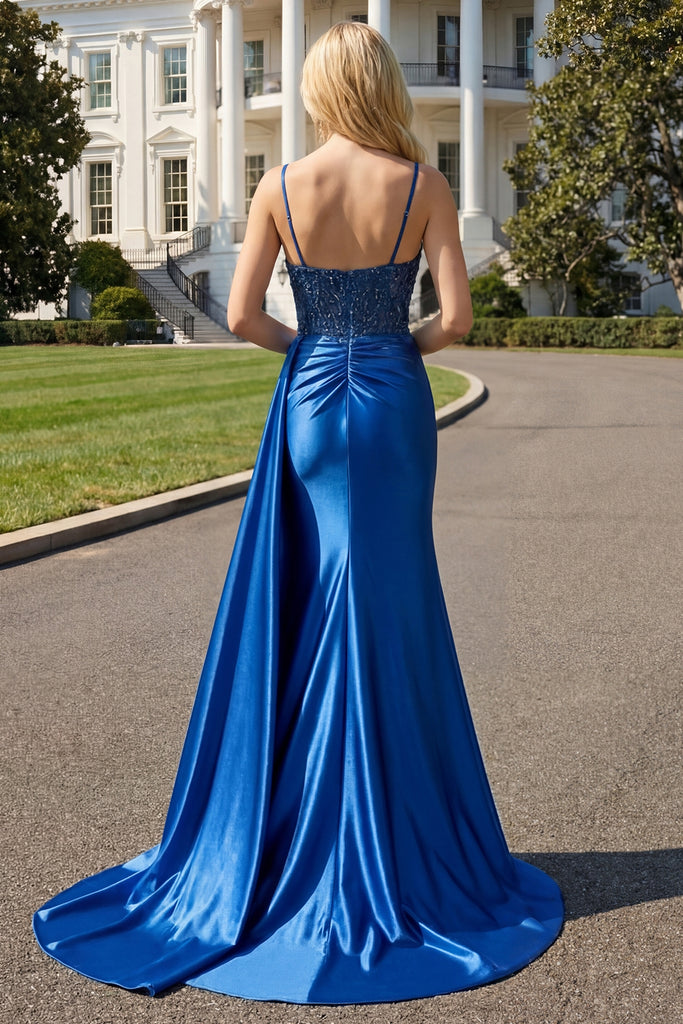 Zapakasa Women Sparkly Navy Beaded Mermaid Long Prom Dress with Slit ...
