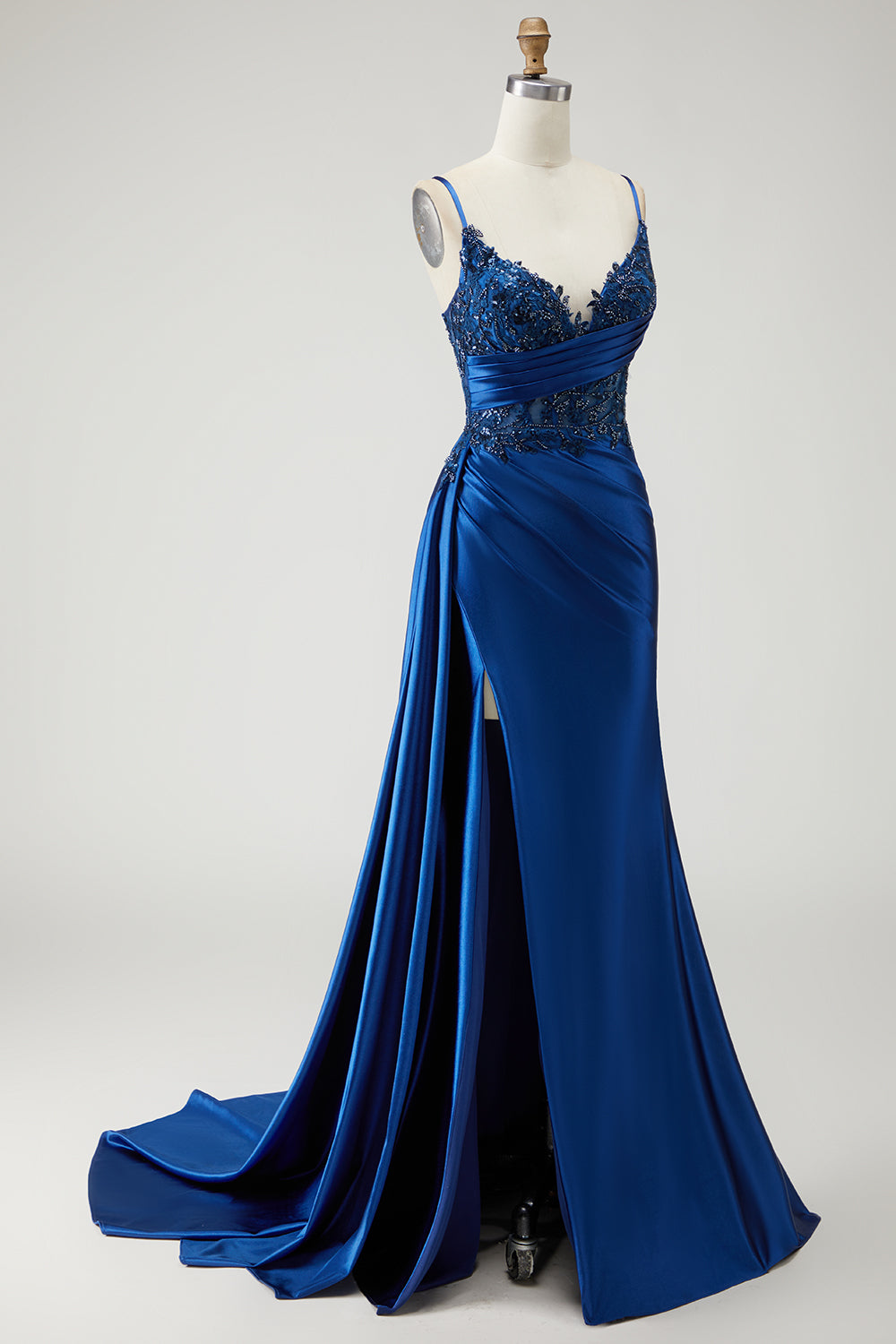 Sparkly Navy Beaded Mermaid Long Prom Dress with Slit