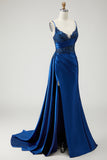 Sparkly Navy Beaded Mermaid Long Prom Dress with Slit